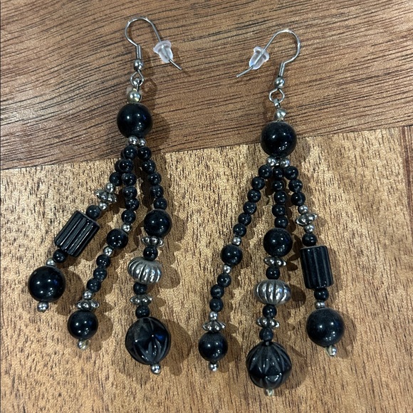 Black Beaded Vintage 3” Dangle Earrings - Picture 2 of 3